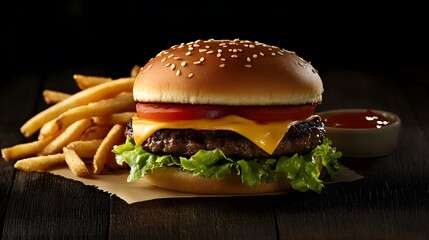 A juicy cheeseburger, with melted cheddar, lettuce, tomato, and a side of crispy fries.


