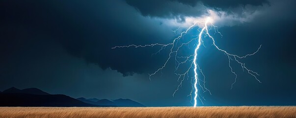 Lightning strikes dramatically across a dark stormy sky over an open landscape.