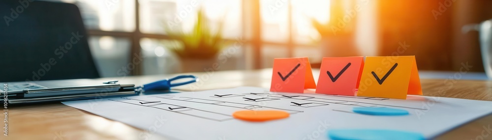 Poster a workspace scene featuring sticky notes with checkmarks, a pen, and colorful circular markers on a 