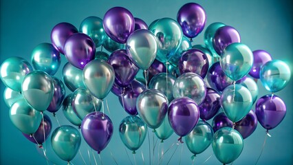 Fototapeta premium Flying purple and glass balloons on purple backgro