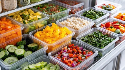 Obraz premium A vibrant array of fresh, chopped vegetables and fruits neatly organized in transparent containers, showcasing colorful, healthy ingredients for meals.