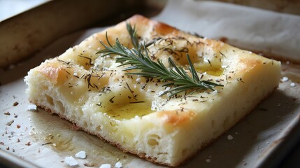 A piece of focaccia bread, topped with rosemary, sea salt, and a drizzle of olive oil.


