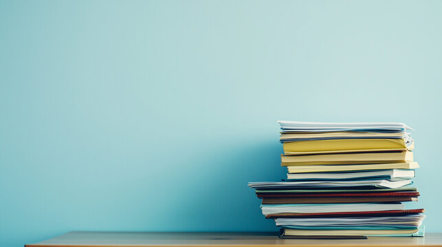 Nonprofit organization concept,well-organized office space showcases a stack of assorted documents neatly arranged on a wooden surface against a calming blue background,copy space
