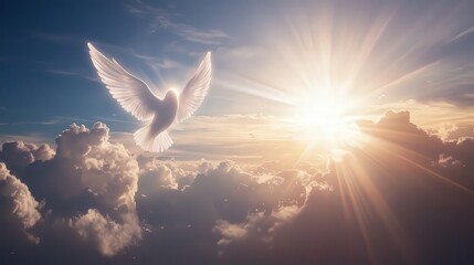 Obraz premium Celestial Dove Ascending Through Radiant Clouds Under a Glorious Sunrise