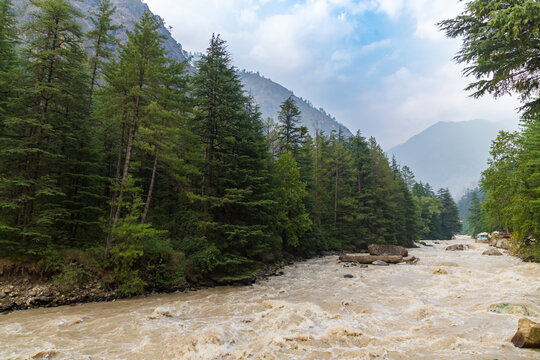 Beautiful view at parvati river valley at kasol, himachal pradesh, India.
