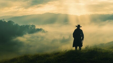 Fototapeta premium Silhouette of a cowboy standing on a grassy hill looking over a misty mountain valley at sunrise.