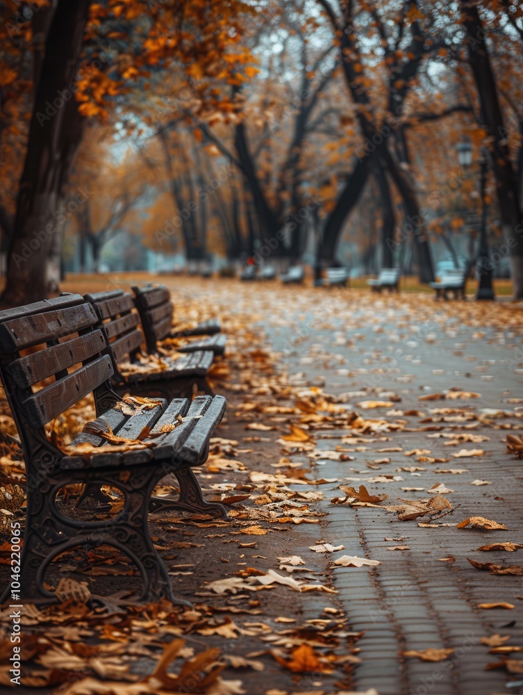 Poster pathways within the park are lined with benches and covered in vibrant autumn leaves, creating a ser