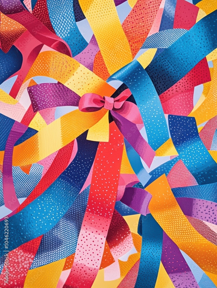 Aufkleber A vibrant array of ribbons and bows intersect seamlessly, showcasing a lively design filled with color and texture, ideal for decoration. Generative AI