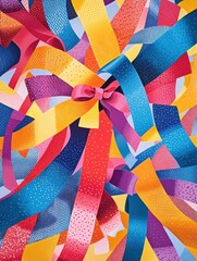 Naklejka premium A vibrant array of ribbons and bows intersect seamlessly, showcasing a lively design filled with color and texture, ideal for decoration. Generative AI