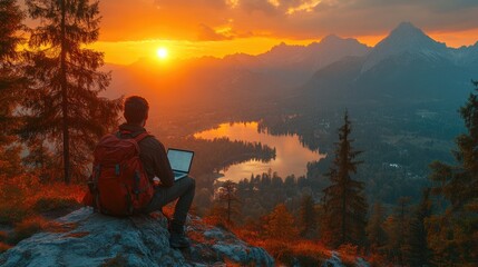 Obraz premium Virtual office: remote work, a persona typing on a laptop, symbolizing the shift to online platforms, freedom of location, and the balance between professional tasks and personal space.