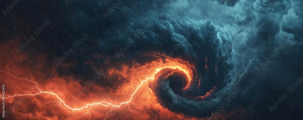 Poster dynamic storm clouds with swirling colors and lightning striking through.