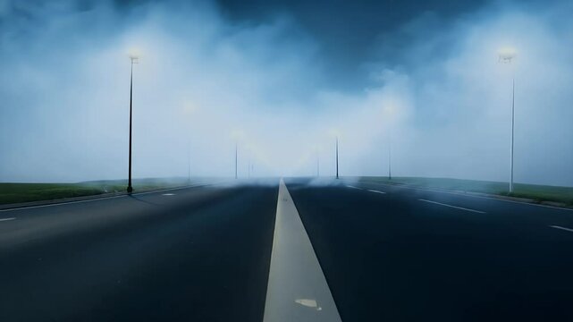mystical 4K landscape animation depicts asphalt road enveloped smoke lit streetlamps creating eerie atmospheric scene perfect banners templates continuous looping backgrounds neon light fog nightclub