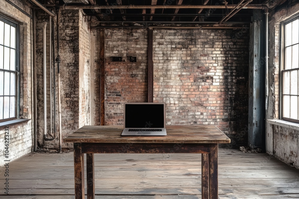 Poster a sleek laptop is placed on a weathered wooden table in a spacious room with exposed brick and large