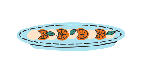 Italian caprese salad in a flat style. Dish in a plate with ornament, handmade ceramics. Colorful bright vector illustration in modern style isolated on a white background
