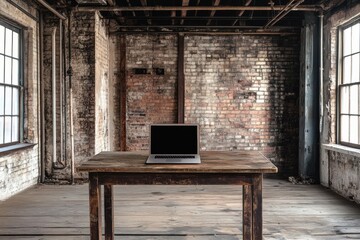 A sleek laptop is placed on a weathered wooden table in a spacious room with exposed brick and large windows, creating a minimalist workspace. Generative AI