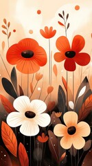 A watercolor illustration of a meadow with big flowers in different muted colors