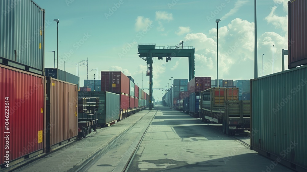 Poster containers are being transferred from a truck to a train at a busy transportation hub in the late af