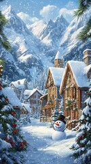 Fototapeta premium A whimsical illustration of an idyllic snowy mountain village with snow-covered houses