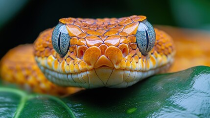 Fototapeta premium Close-up of a vibrant orange snake resting on a green leaf.