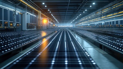 Industrial facility with rows of illuminated solar panels.