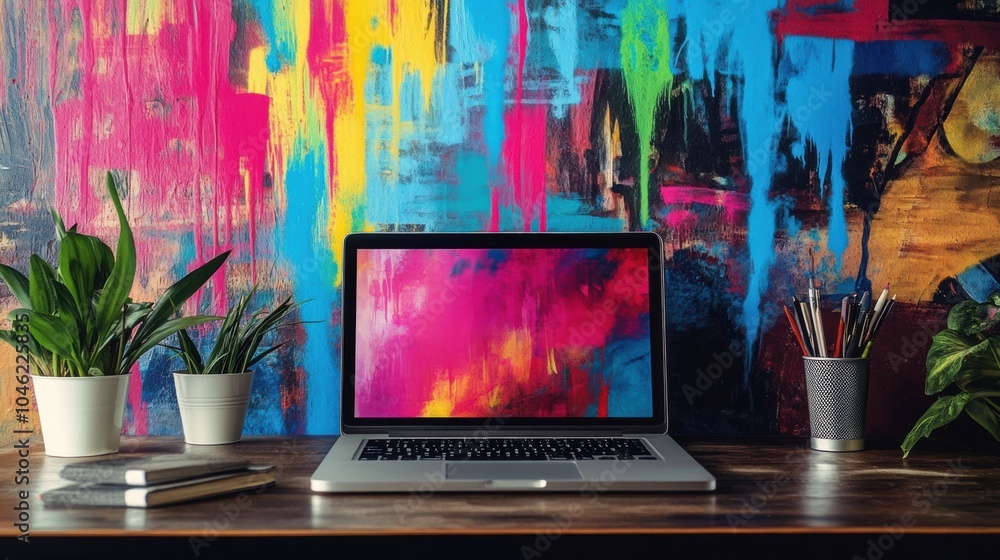 Poster the workspace showcases a laptop placed on a wooden desk surrounded by potted plants and colorful ar