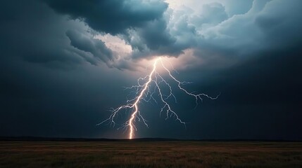 Dramatic lightning striking during a thunderstorm over a dark landscape