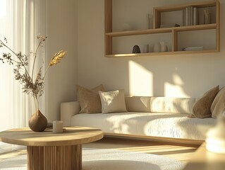 Scandinavian living room with pasteltoned sofa, minimalist shelving, sleek wooden furniture, and warm natural light filtering through the window
