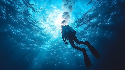 A scuba diver swims upwards towards the surface of the ocean, with sunlight filtering through the water above.