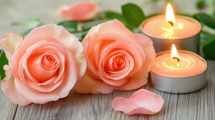 Fototapeta premium Romantic Pink Roses with Candles and Petals