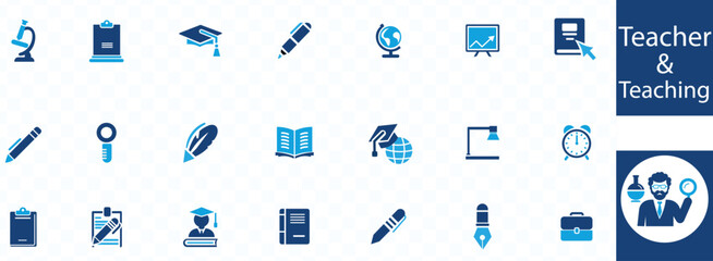teacher & teaching Online education icon set. Containing video tuition, e-learning, online course, audio course, educational website and digital education icons. Solid icon