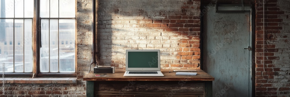 Poster a laptop sits on a weathered wooden desk in a rustic room, where daylight pours in through a large w