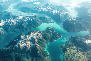 Aerial view of Earth's diverse landscapes, showcasing mountains, forests, and oceans, emphasizing the planet's natural beauty and geographical diversity