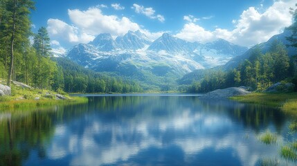 Fototapeta premium Serene mountain landscape reflecting in a tranquil lake.