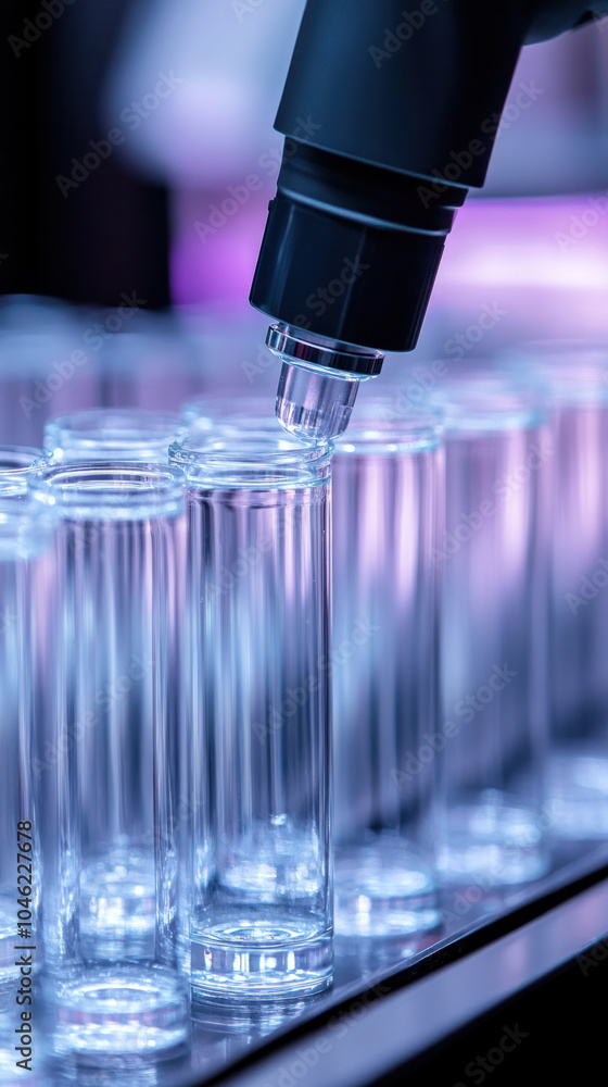 Poster a machine is filling up a row of clear glass tubes. the tubes are lined up in a row and the machine 