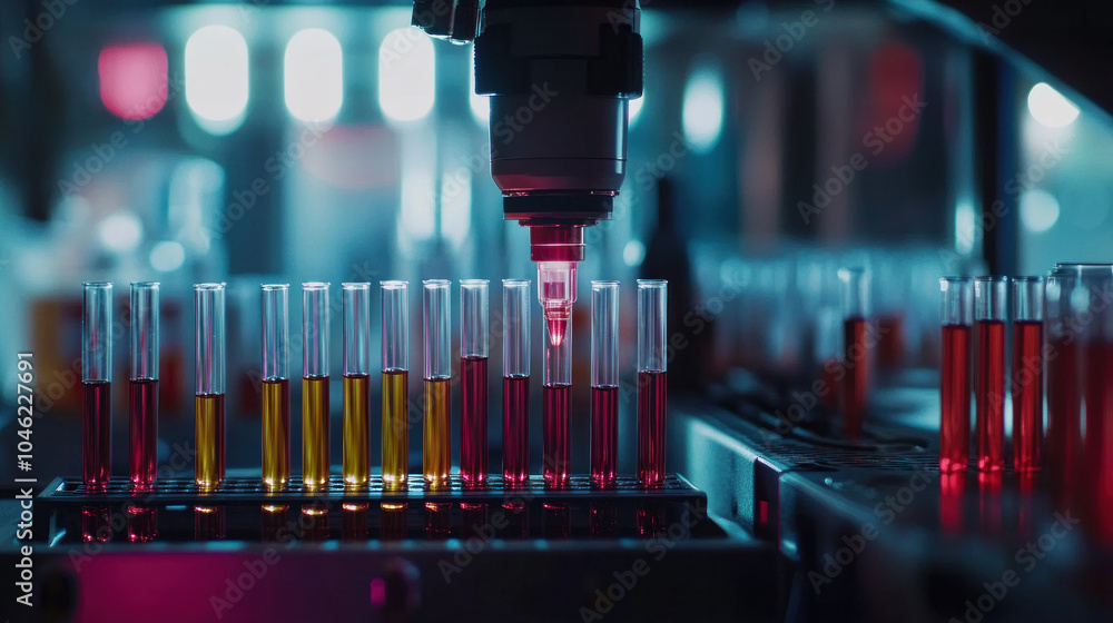 Poster a lab with many test tubes, one of which is labeled with a red liquid. the tubes are lined up in a r
