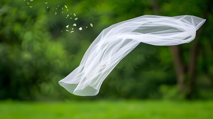 A white bridal veil floats gracefully in the air, with a background of green foliage and white petals.