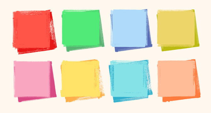 Set of vector colorful sticky notes. Rough edge paper frames. Vintage collage square elements. Distressed notebook pages on white. Text boxes in punk style. Childish art habd painted background