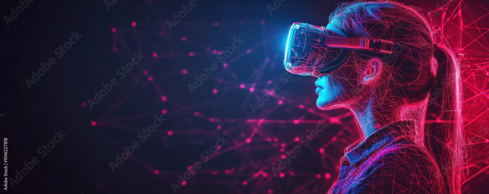 Poster a woman is wearing a virtual reality headset and looking at a computer screen. the image is a colorf