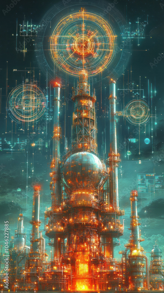 Aufkleber a futuristic cityscape with a large building in the center. the building is surrounded by smaller bu