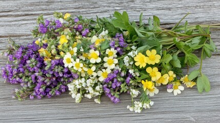 Colorful Wildflowers on Weathered Wooden Background