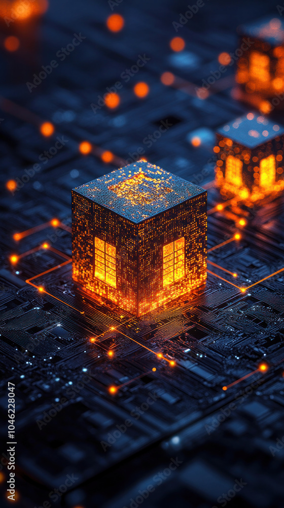 Poster a computer chip is lit up with orange lights. the image is of a futuristic cityscape with buildings 