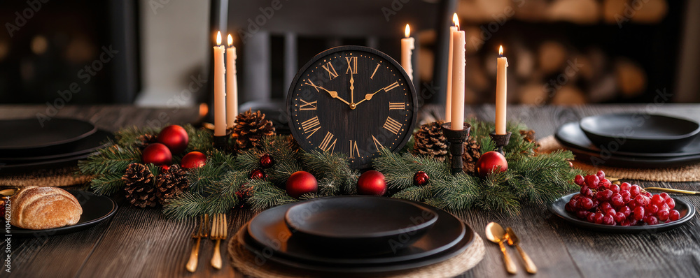 Poster a table with a black tablecloth and a clock on it. the table is set with silverware and plates, and 