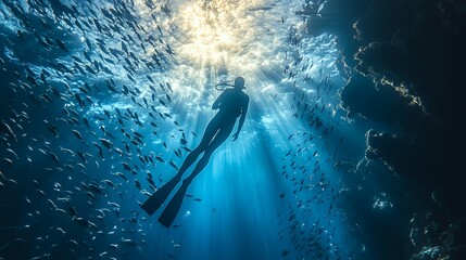 Obraz premium A lone diver silhouetted against the sun, surrounded by a school of fish, as they ascend towards the surface.