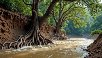 Exposed Roots in Flooded River Landscape