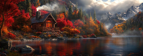 A cabin is surrounded by trees and a lake. The cabin is a cozy retreat with a fireplace and a porch. The autumn colors of the leaves and the calm water create a peaceful and serene atmosphere