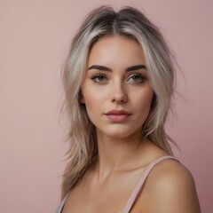 Fototapeta premium Beautiful blonde woman model on a pink background Generative Ai 
