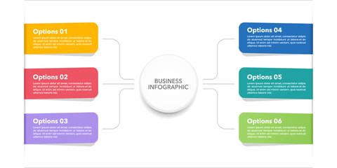 Colorful Infographic Mind Map 6 Business Options. Business presentation, Banner, Brochure, Diagram, Organization and Report. Vector illustration.