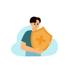 Health Insurance Character Men Holding Shield Plus