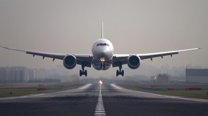Obraz premium Airplane Taking Off from Runway in Foggy Conditions