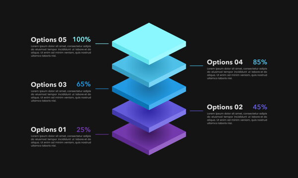 5 steps business growth infographic layer on black background. Business presentation, Banner, Brochure, Report and Strategy. Vector illustration.
